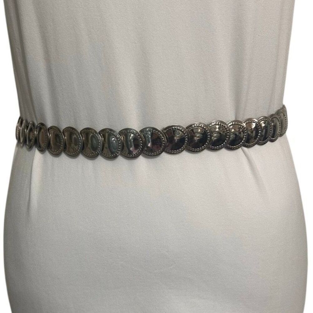 Vintage Boho-style Stretch Coin Belt Women's Medium Silver-tone Metal Disc